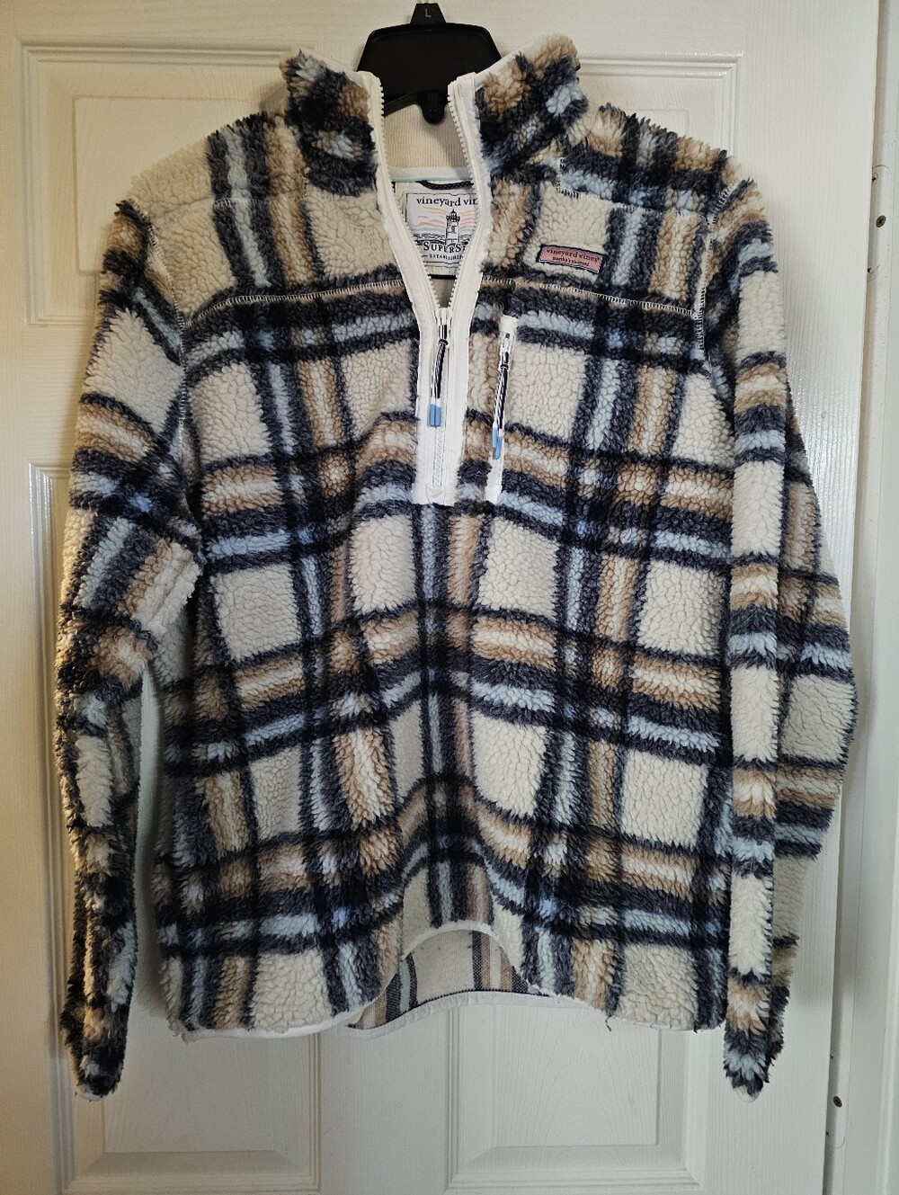 Vineyard Vines Womens Cream Plaid Sherpa Half-Zip Jacket